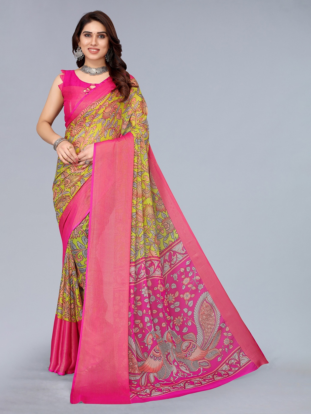 

Winza Designer Red & Green Floral Zari Pure Chiffon Maheshwari Saree