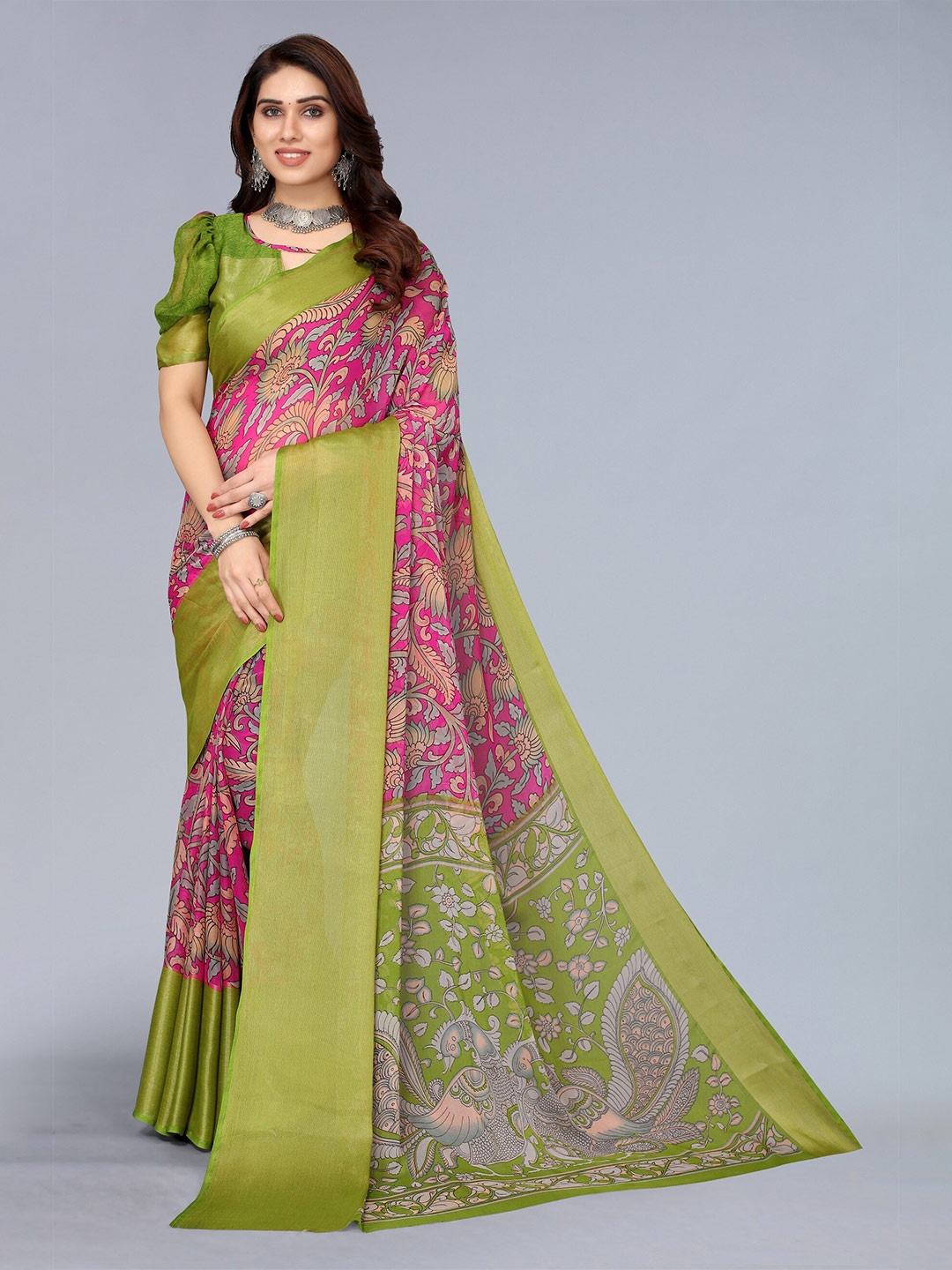 

Winza Designer Pink & Green Floral Zari Pure Chiffon Maheshwari Saree