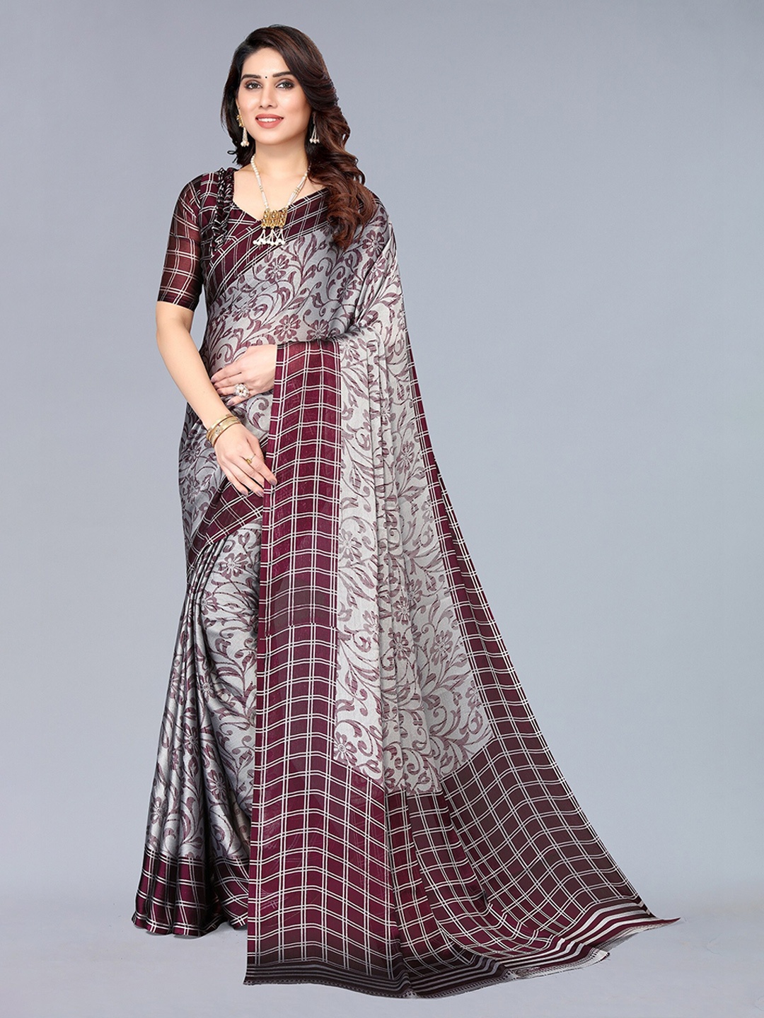 

Winza Designer Magenta & Grey Floral Zari Pure Chiffon Bandhani Saree