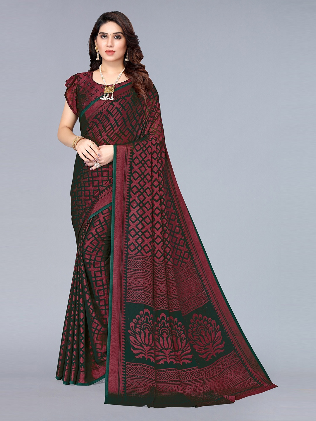 

Winza Designer Green & Maroon Pure Chiffon Block Print Saree