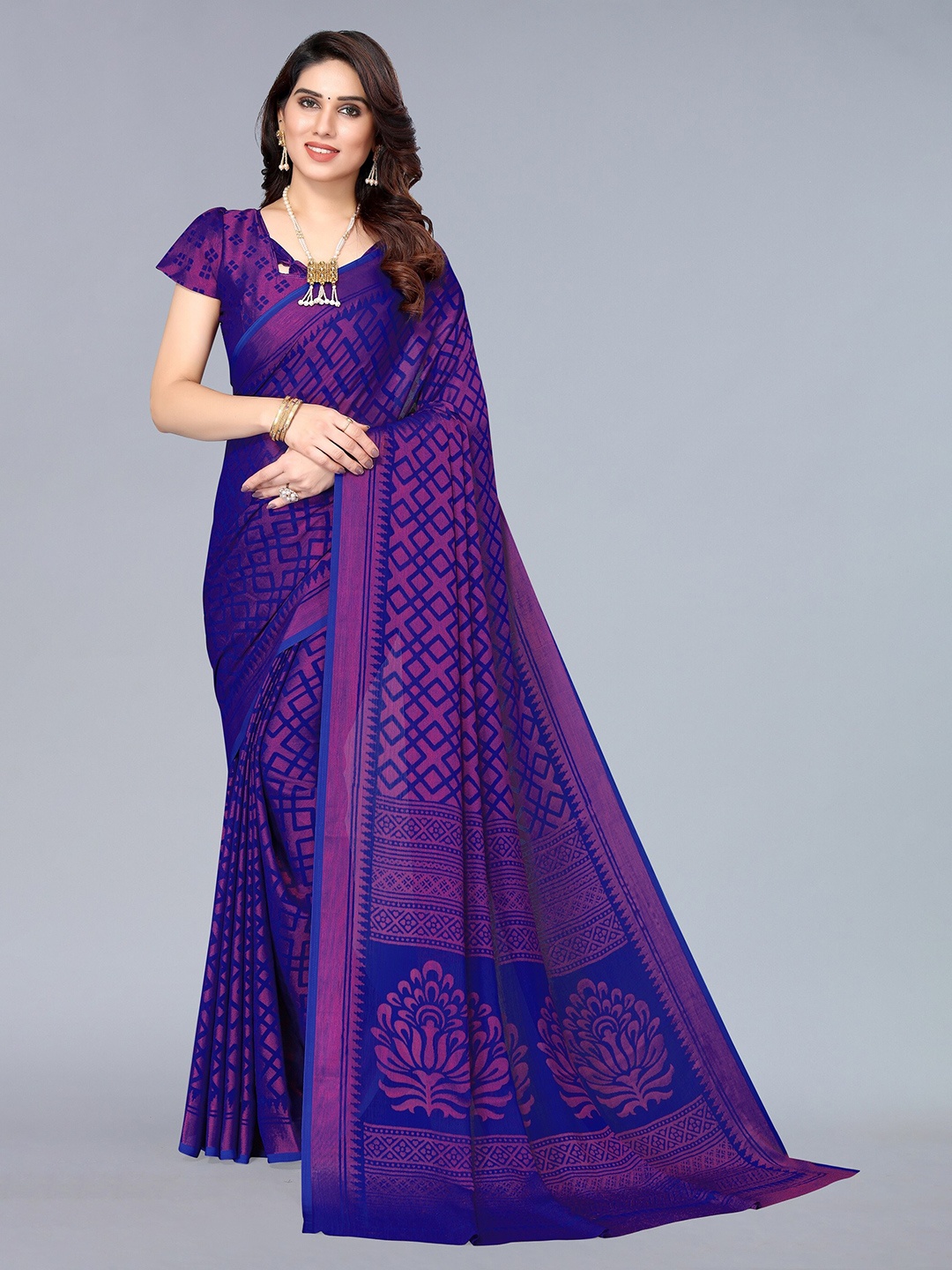 

Winza Designer Royal Blue And Purple Geometric Print Zari Pure Chiffon Saree
