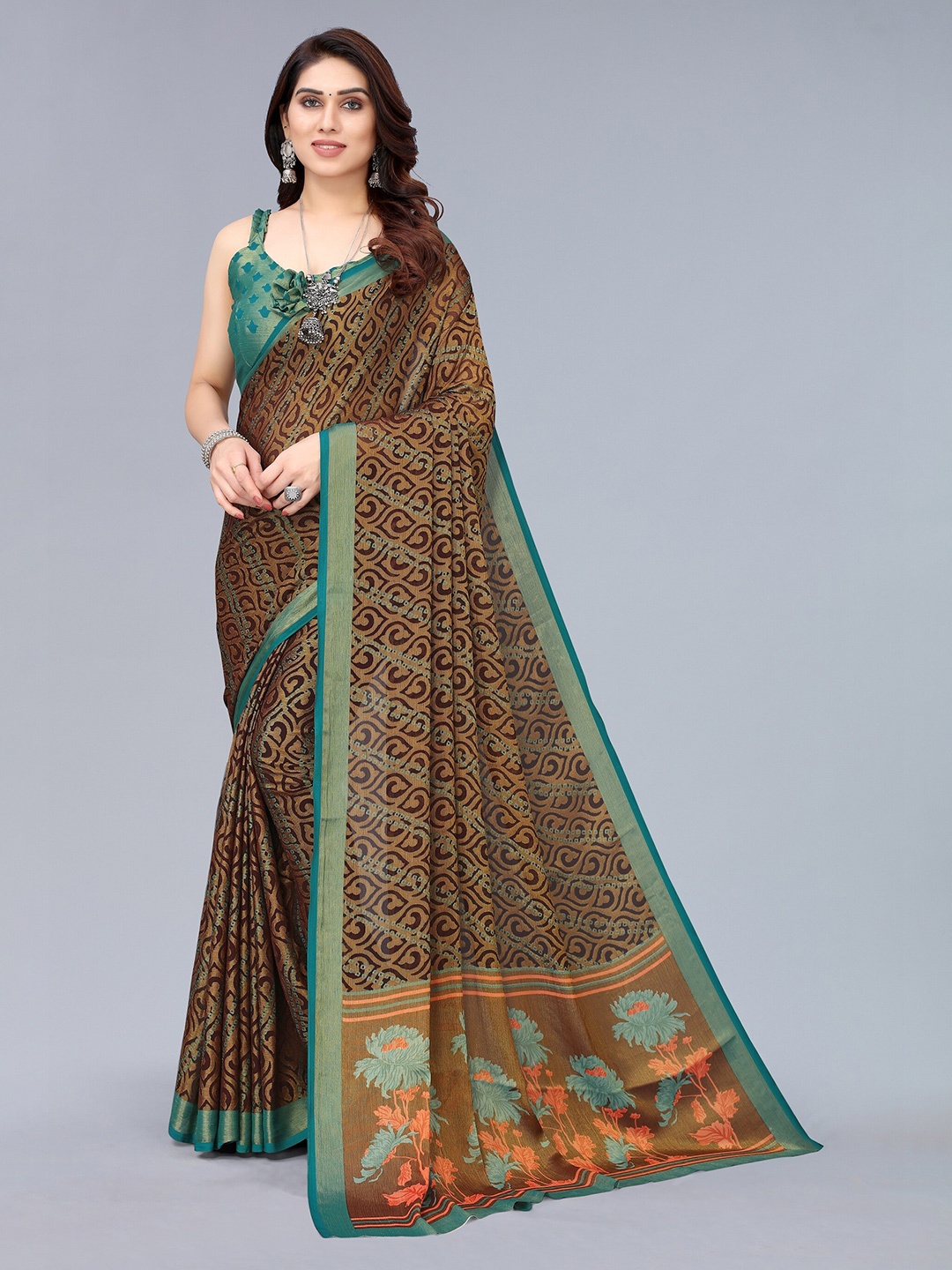 

Winza Designer Brown And Orange Geometric Print Zari Pure Chiffon Bandhani Saree
