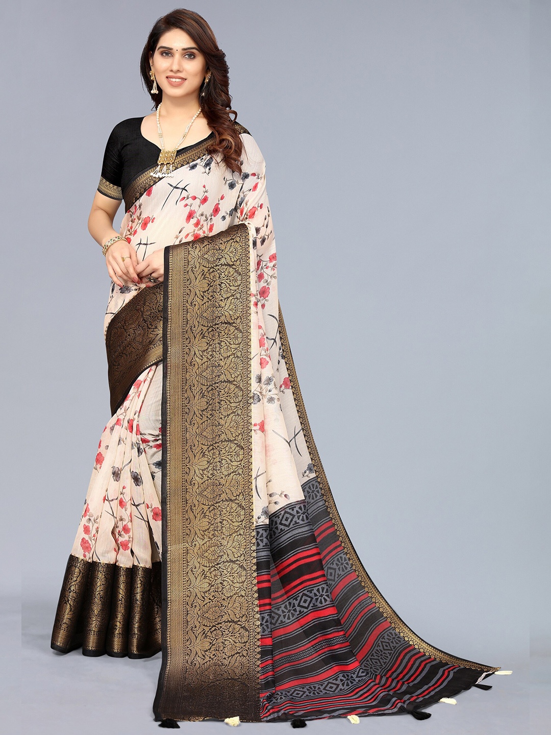 

Winza Designer Off White And Black Floral Print Zari Woven Design Border Saree