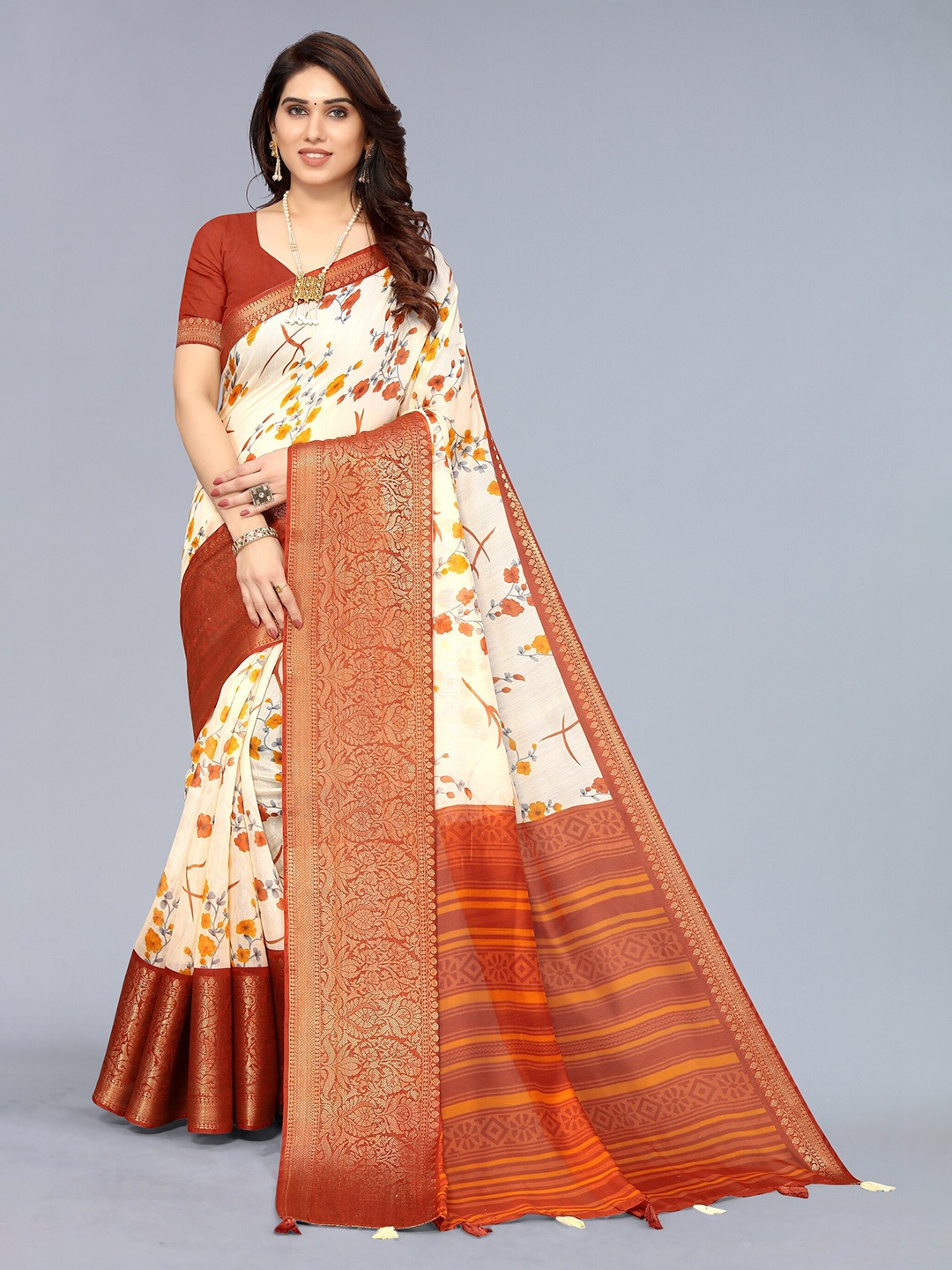 

Winza Designer Off White And Red Floral Print Zari Woven Design Border Saree