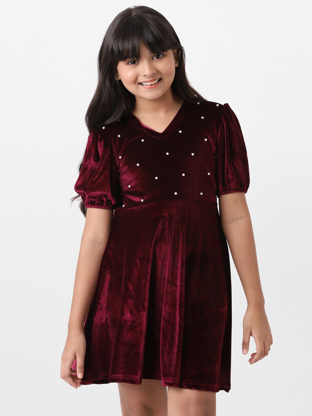 

AND Girls Beads & Stones Above Knee Embellished Dress, Burgundy