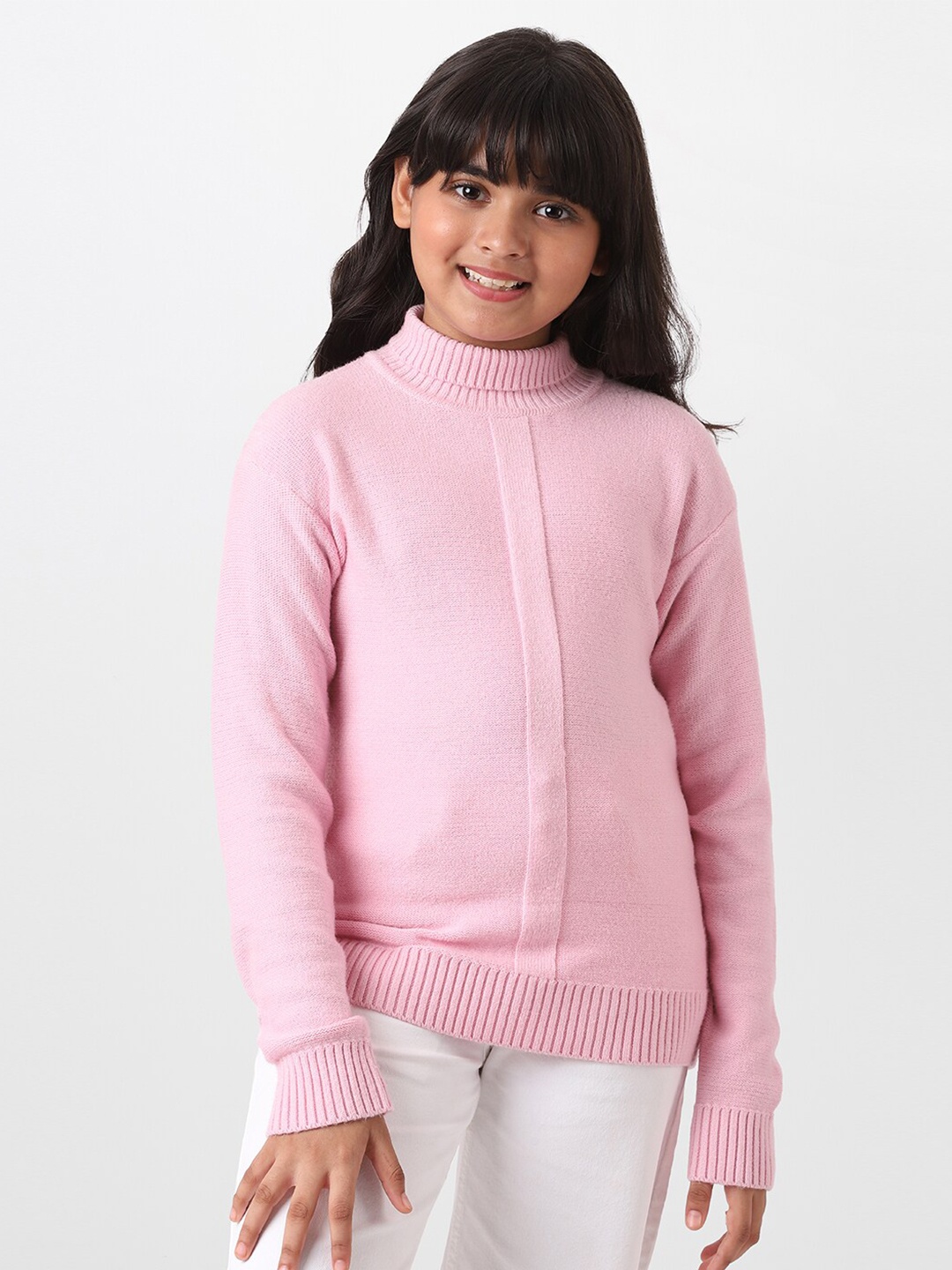 

AND Pink Solid High Neck Long Sleeves Top