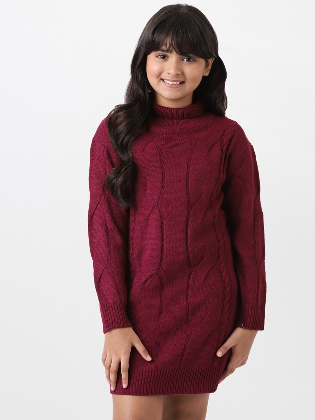 

AND Solid High Neck Long Sleeves Sweater Dress, Red