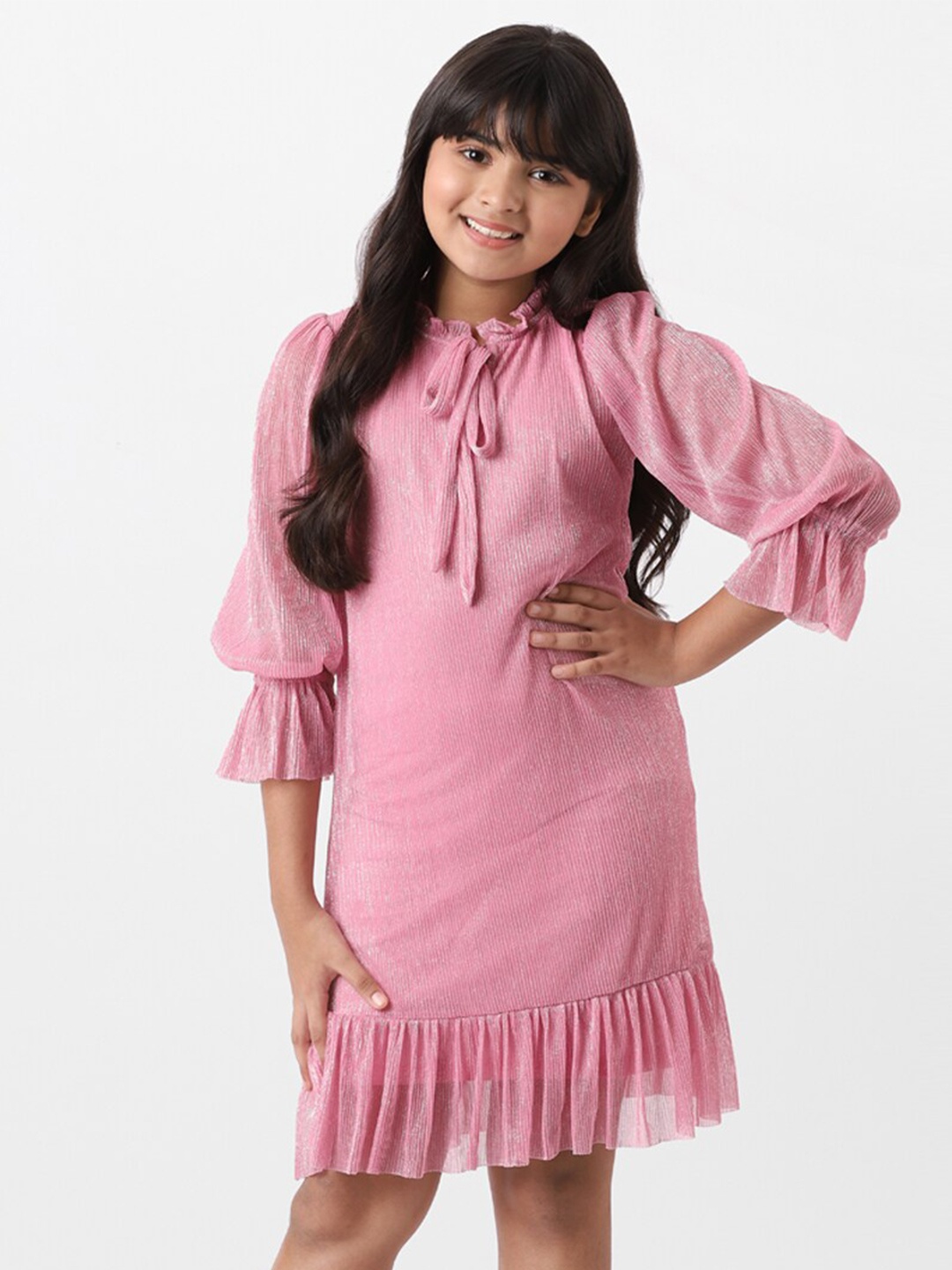 

AND Solid Ruffles Tie-Up Neck Above Knee Shirt Dress, Pink