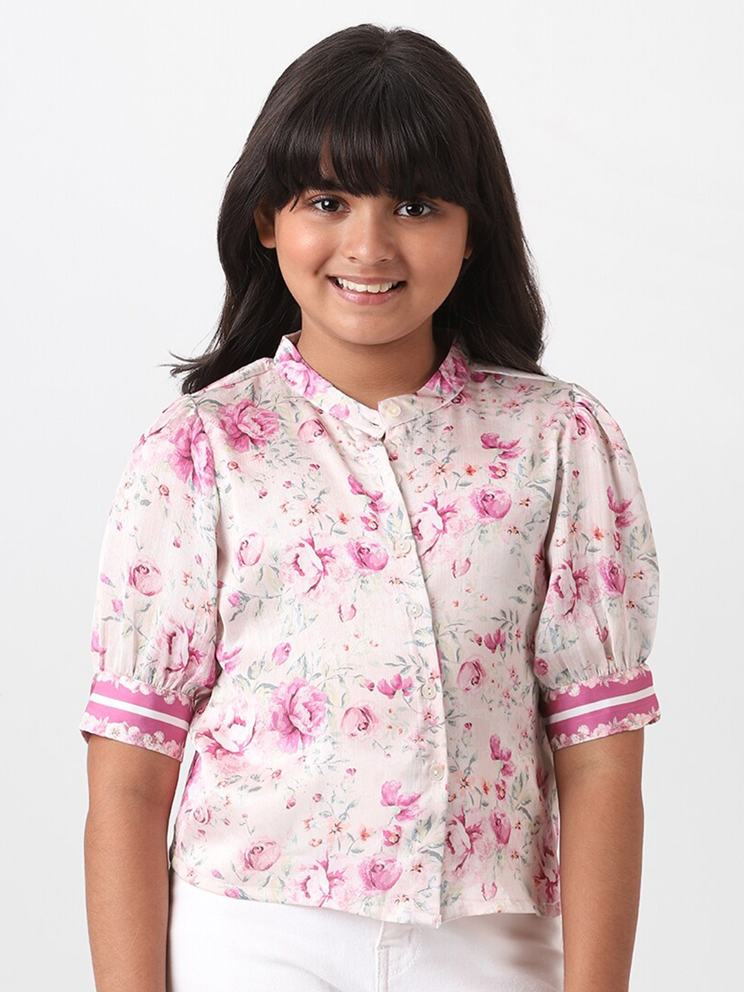 

AND Girls Cream-Coloured & Pink Floral Print Mandarin Collar Top