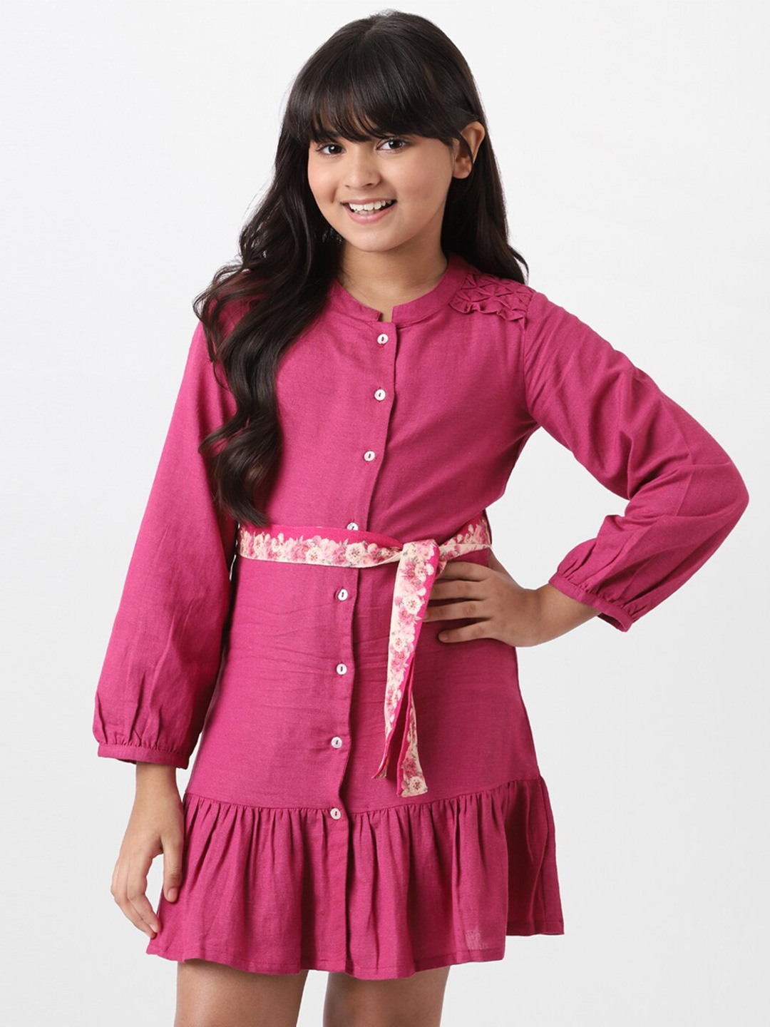 

AND Solid Mandarin Collar Cuffed Sleeves Shirt Belted Dress, Magenta