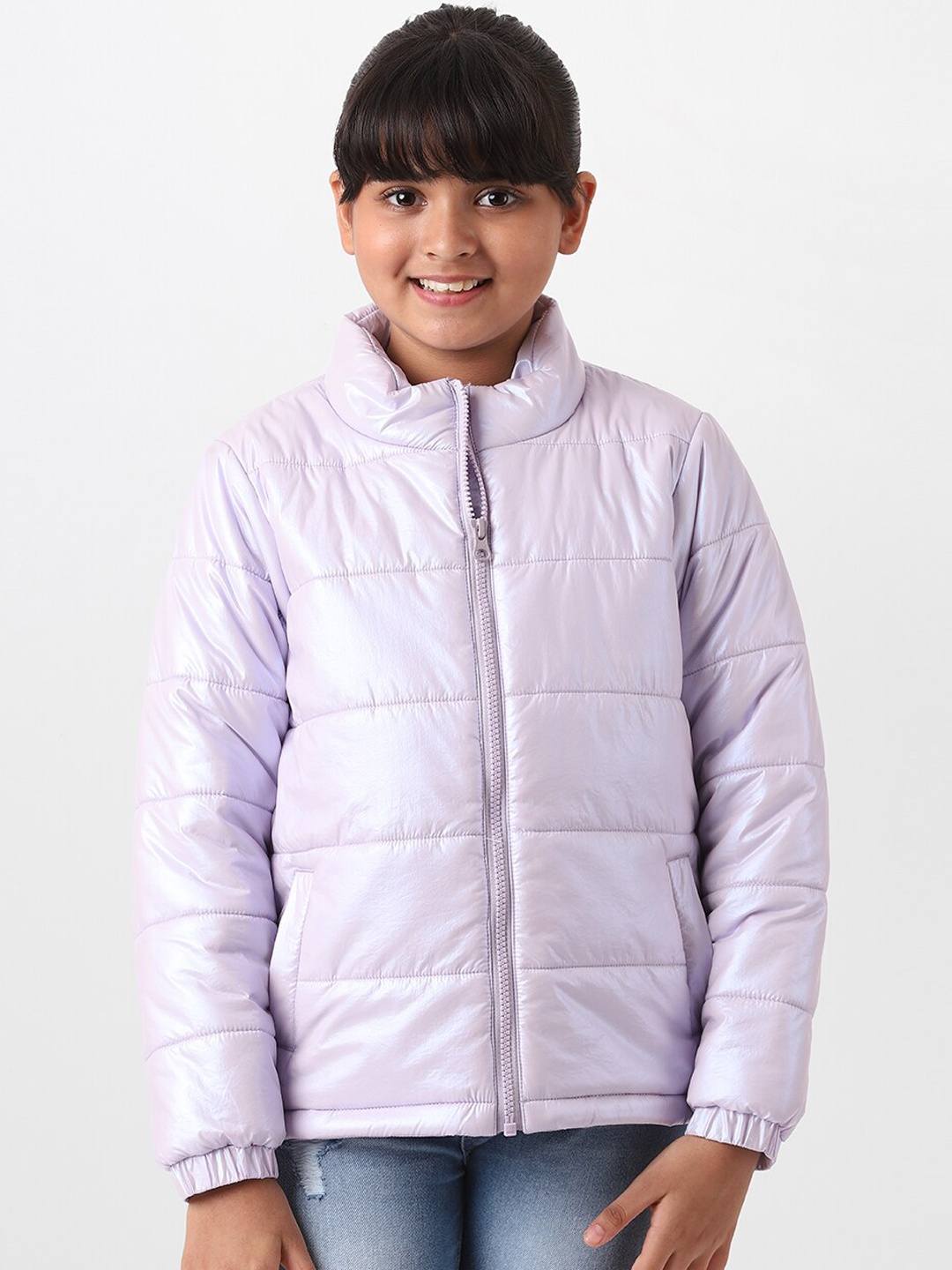 

AND Girls Pink Striped Crop Puffer Jacket