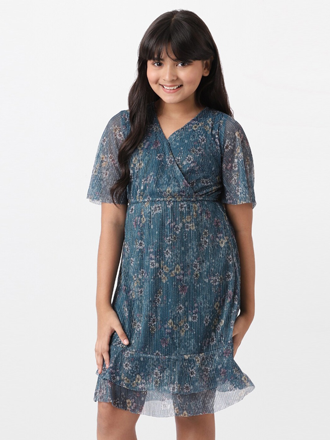 

AND Girls Solid Embellished Wrap Short Sleeves Dress, Teal