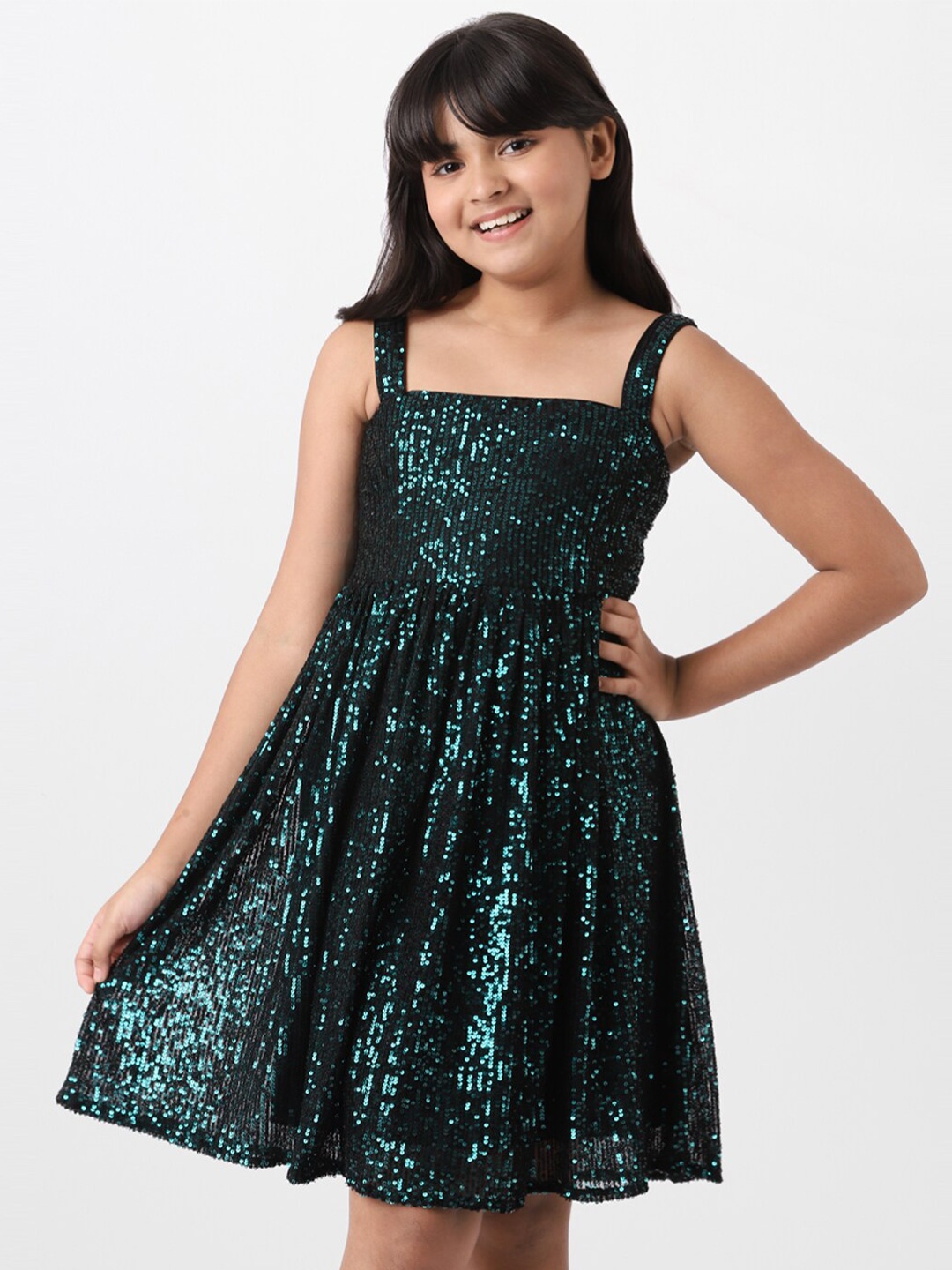 

AND Girls Embellished Shoulder Straps Knees Length Dress, Teal