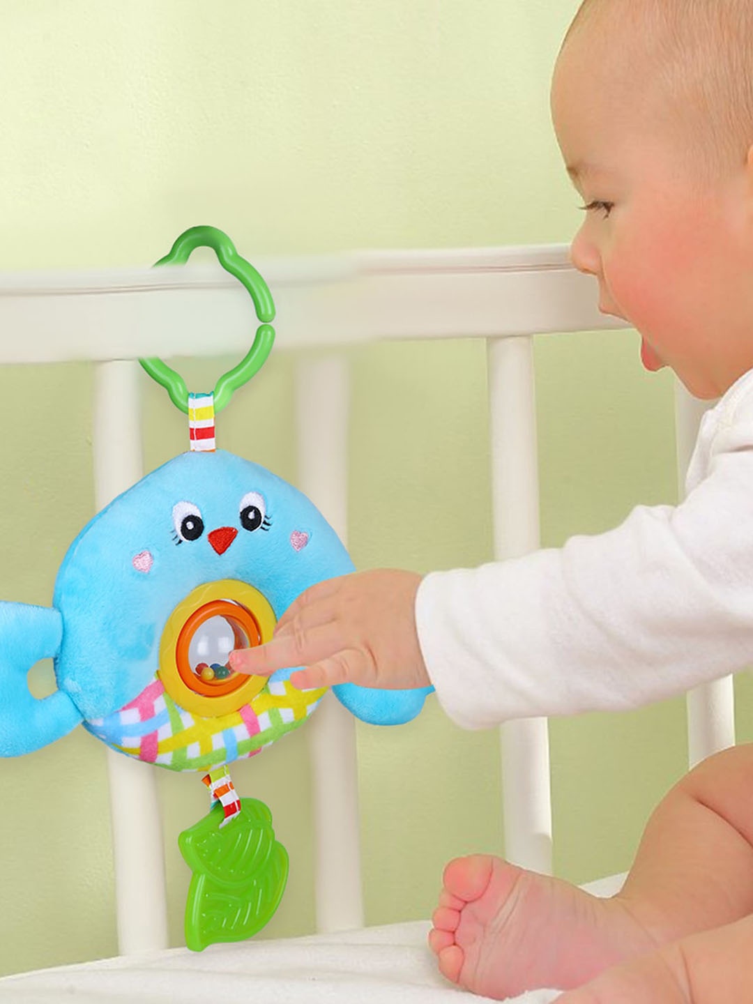 

Baby Moo Infants Bird Stroller Crib Hanging Plush Rattle Toy With Teether, Blue