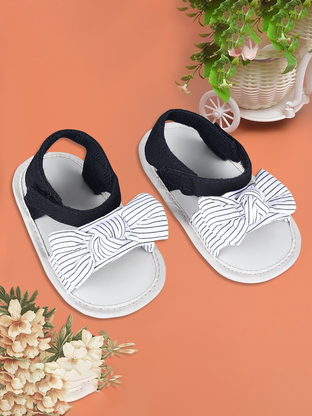 

Baby Moo Girls Striped Open Toe Sandals with Bows, White