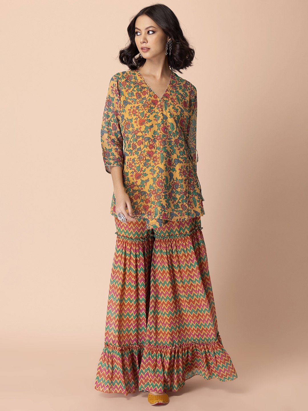 

INDYA Women Yellow Floral Striped Angrakha Kurti with Sharara
