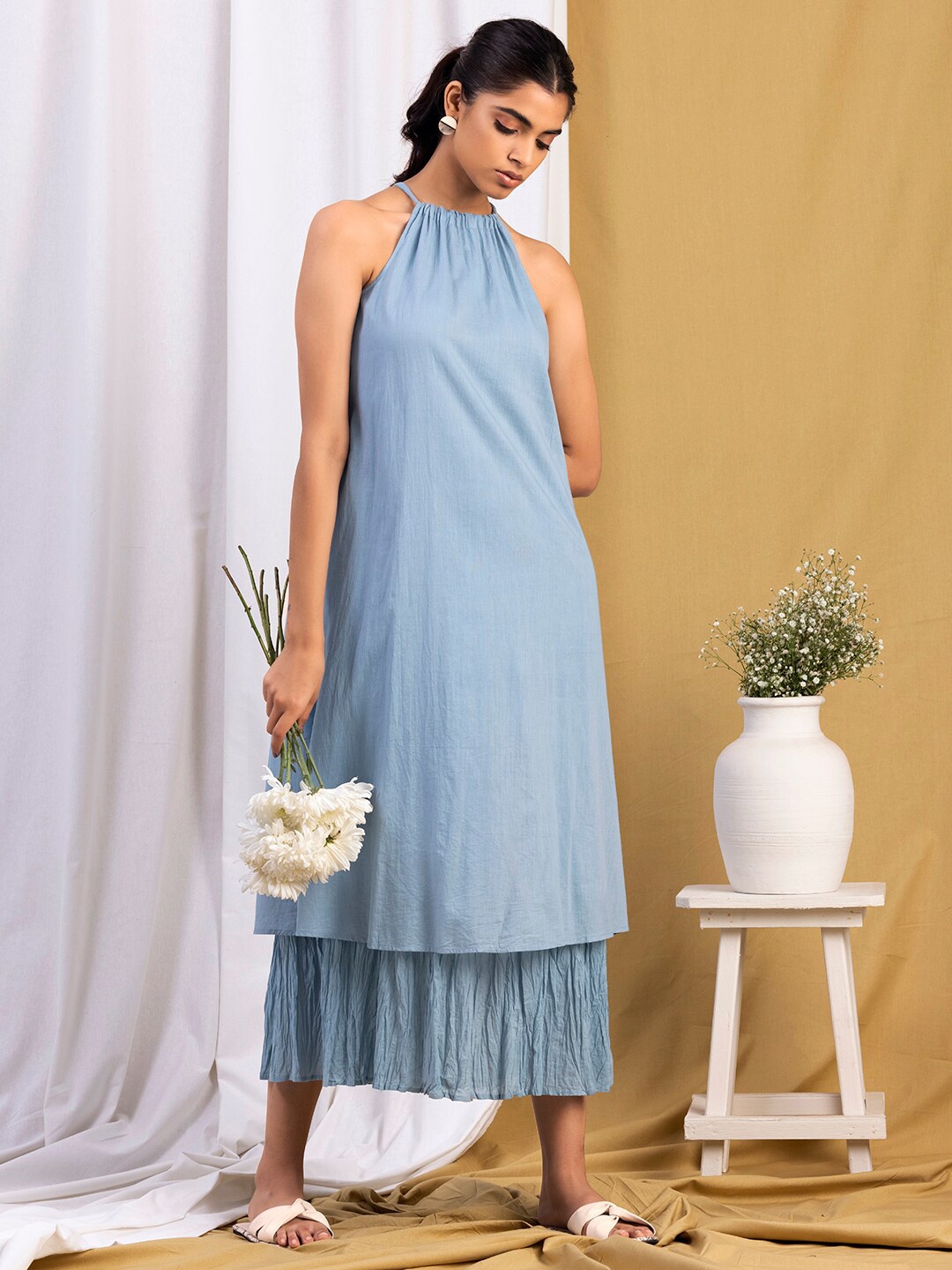 

INDYA Women Blue Solid Halter Neck Pure Cotton A-Line Maxi Dress