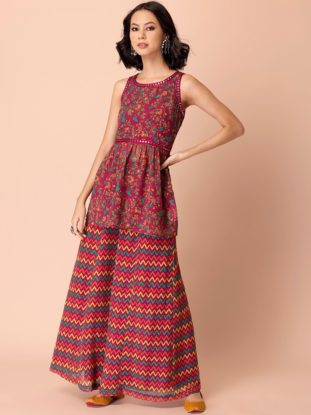 

INDYA Women Maroon Floral Printed Empire Mirror Work Kurti with Skirt