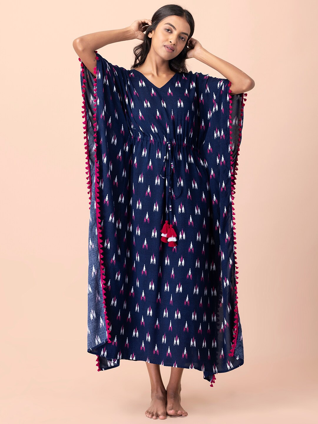 

INDYA Navy Blue Ethnic Motifs Ethnic Kaftan Maxi Dress
