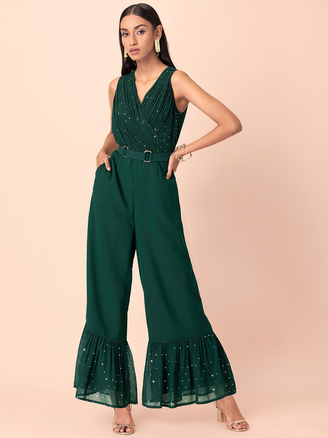 

INDYA Green Foil Ruffled Belted Jumpsuit