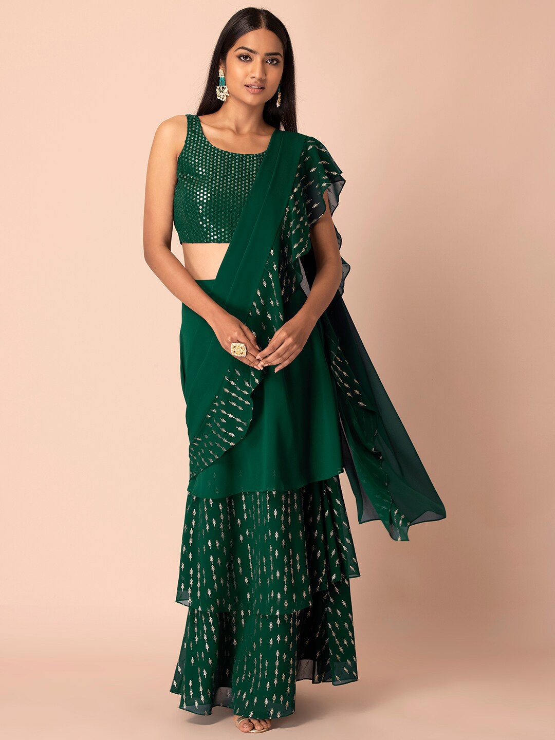 

INDYA Green & White Ethnic Motifs Saree