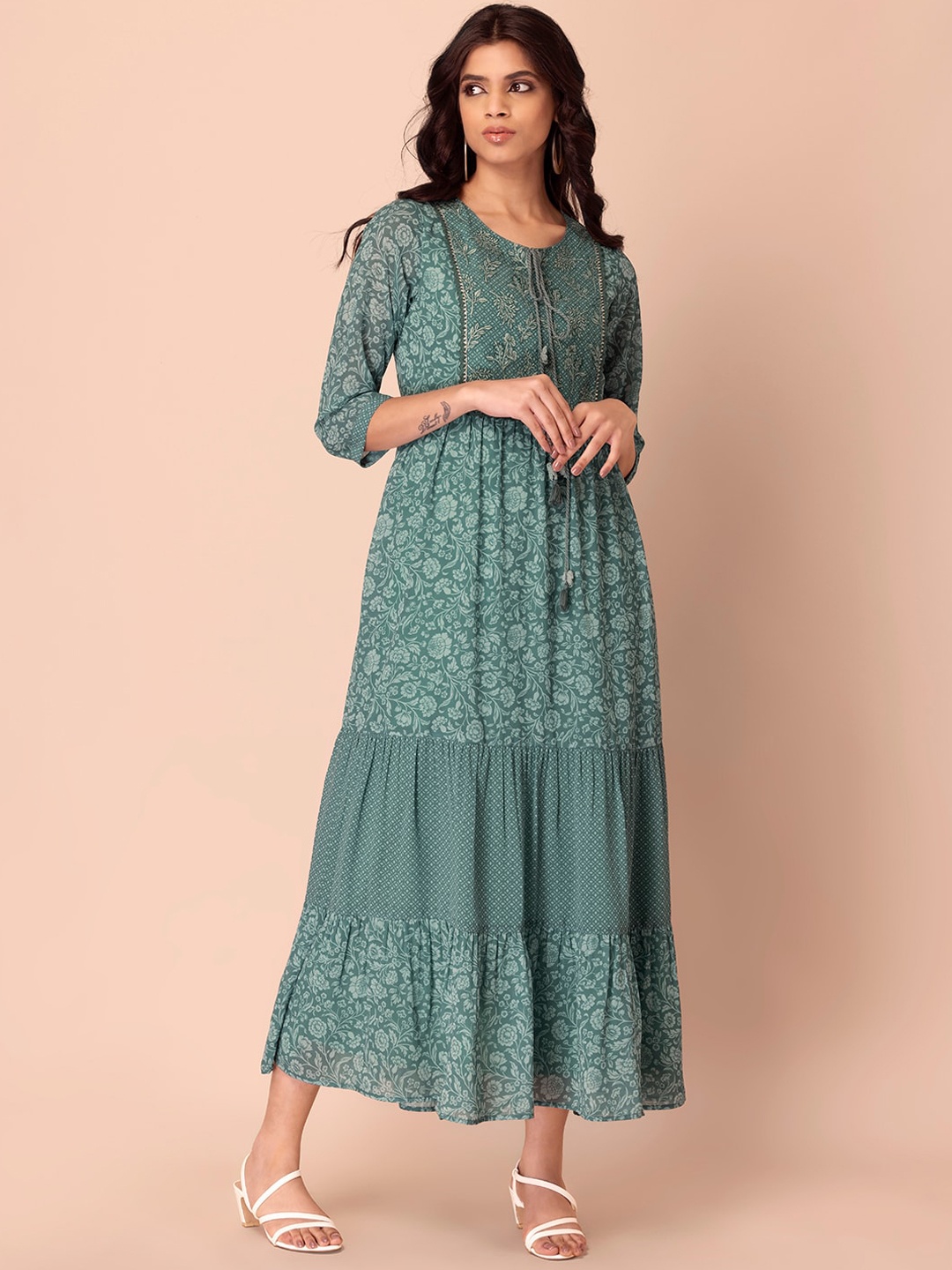 

INDYA Women Green Floral Georgette Ethnic Maxi Dress