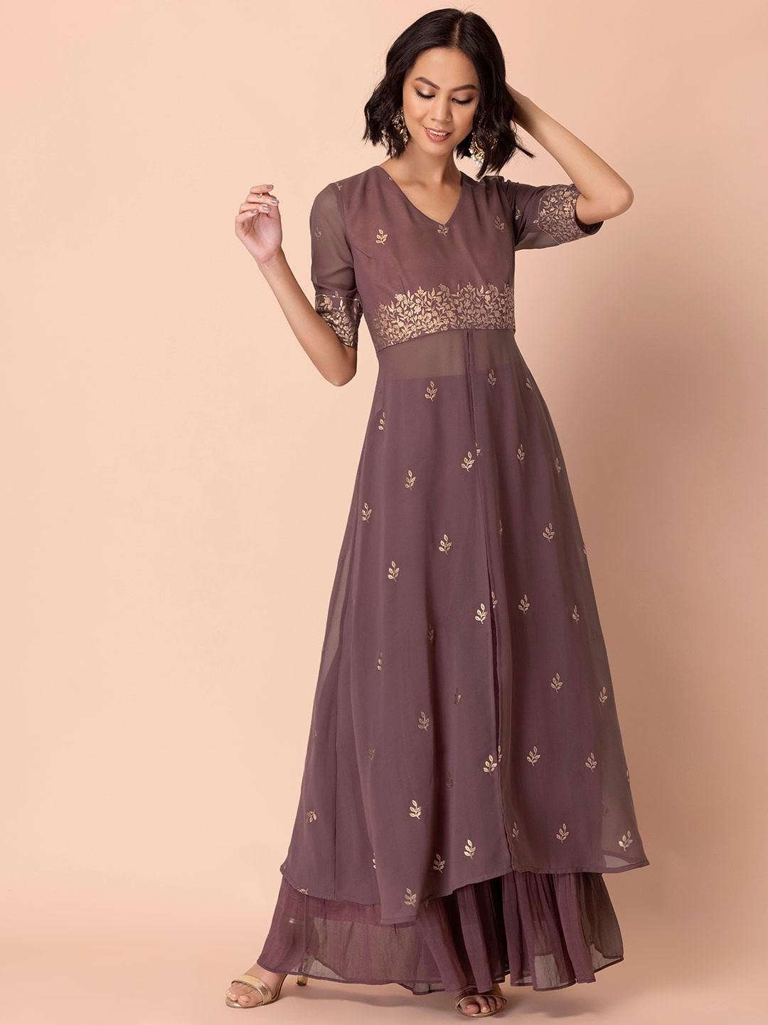 

INDYA Women Burgundy Floral Printed Georgette Kurta