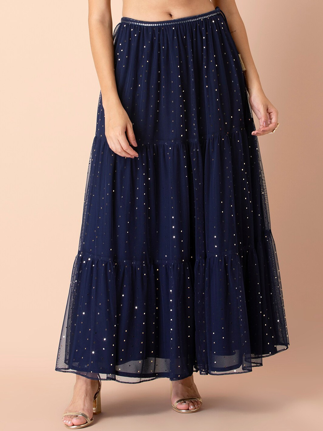 

INDYA Women Navy Blue Self-Design Flared Maxi Skirt