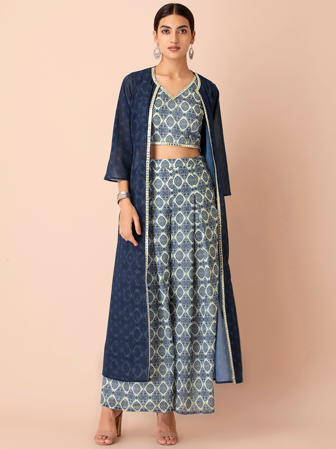 

INDYA Women Navy Blue & Gold-Toned Ikat Longline Shrug