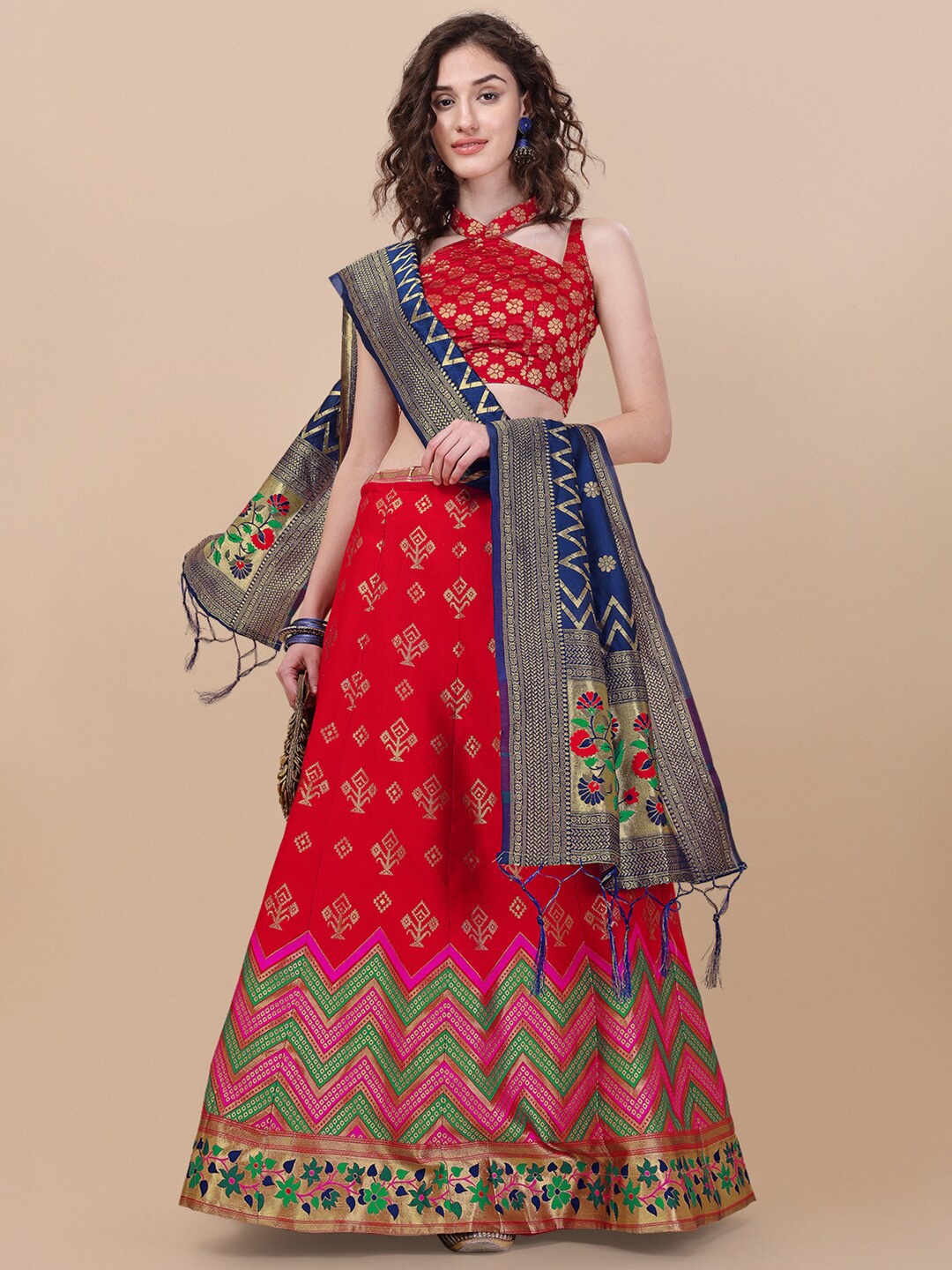 

Vaidehi Fashion Red & Blue Banarasi Silk Semi-Stitched Lehenga Choli