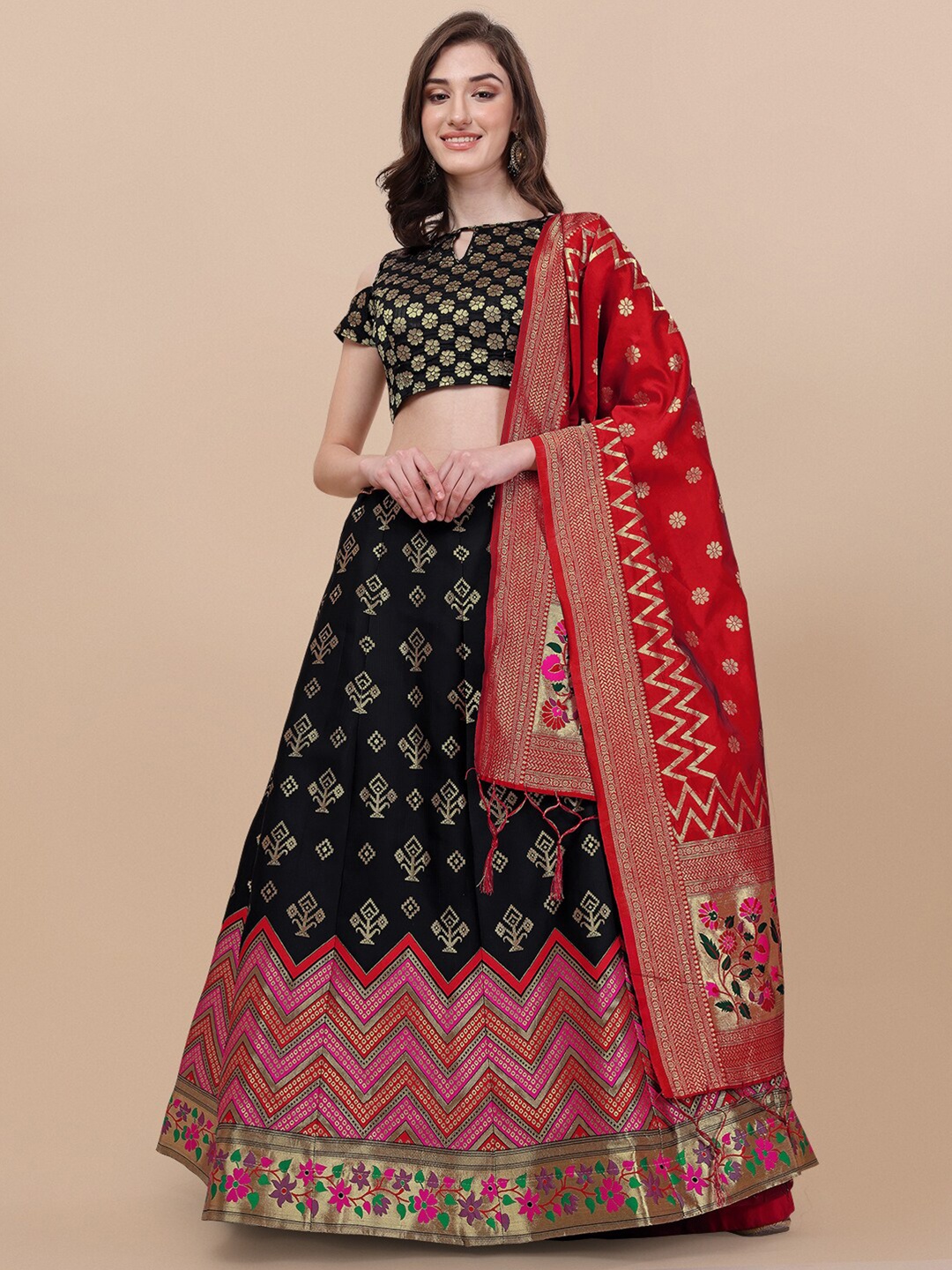 

Vaidehi Fashion Black & Red Banarasi Silk Semi-Stitched Lehenga Choli