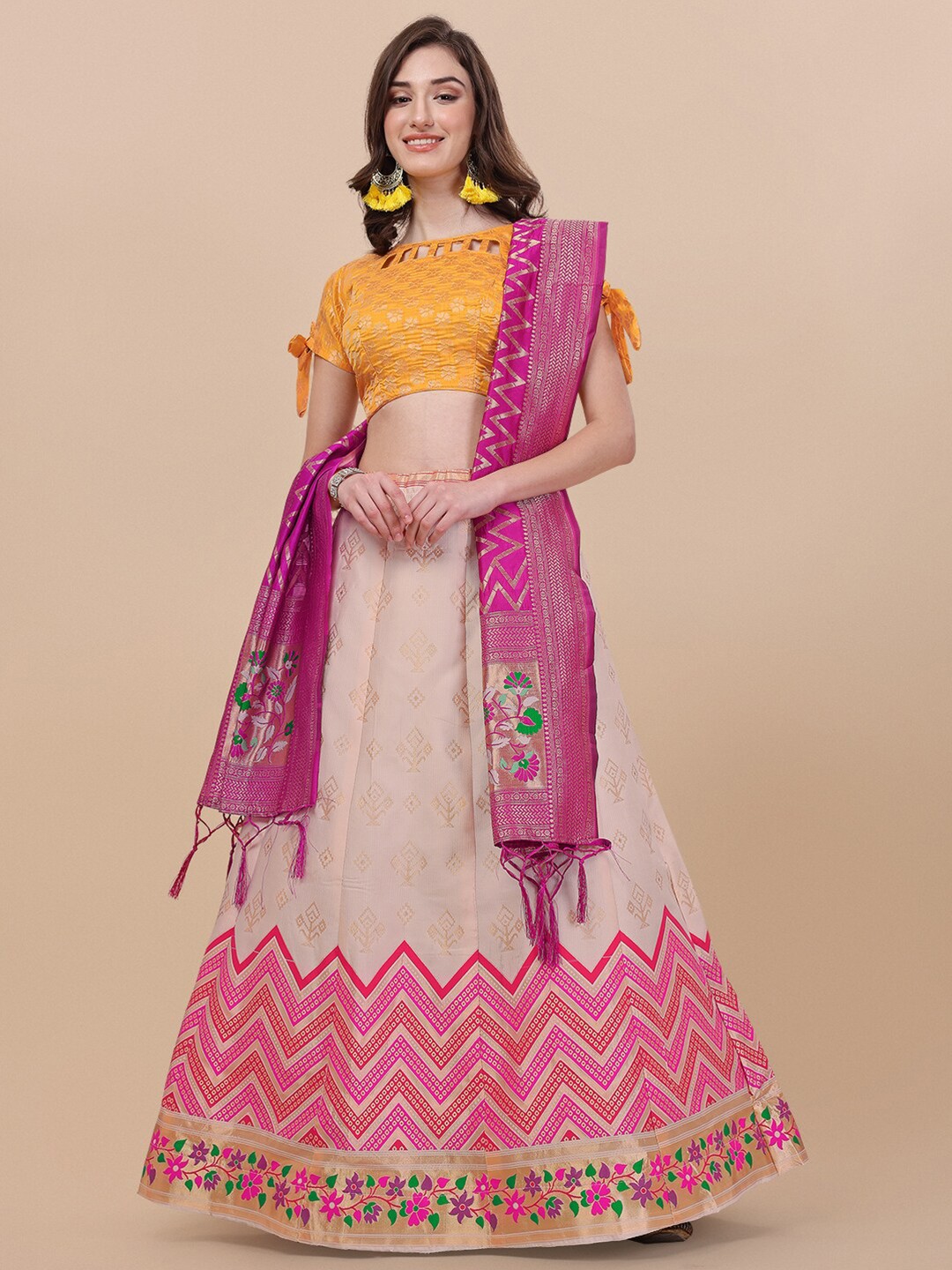 

Vaidehi Fashion Cream-Coloured & Pink Banarasi Silk Semi-Stitched Lehenga Choli