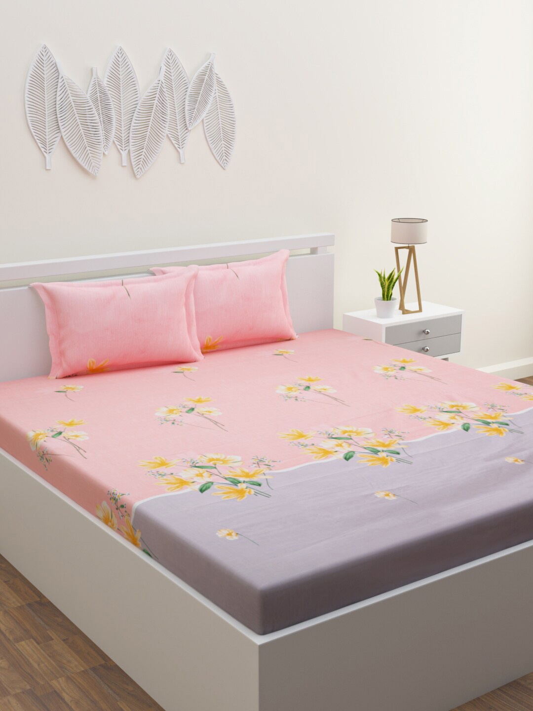

ROMEE Pink & Green Floral 300 TC Pure Cotton King Bedsheet with 2 Pillow Covers