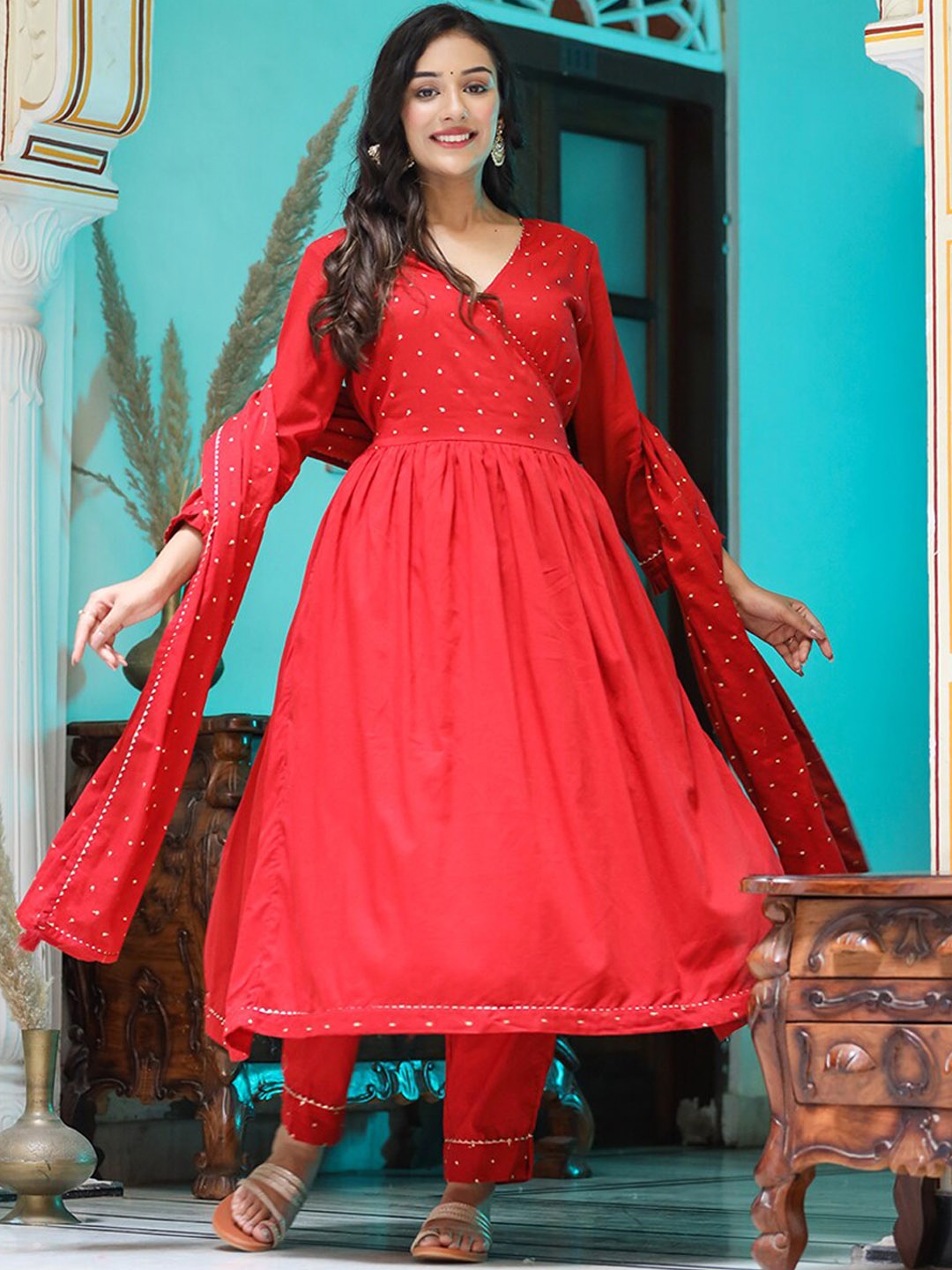 

KAAJH Women Red Embroidered Angrakha Pure Cotton Kurta with Trousers & With Dupatta