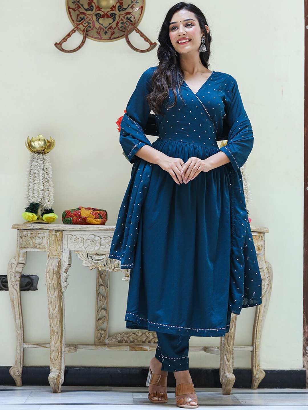 

KAAJH Women Navy Blue Embroidered Angrakha Pure Cotton Kurta with Trousers & With Dupatta