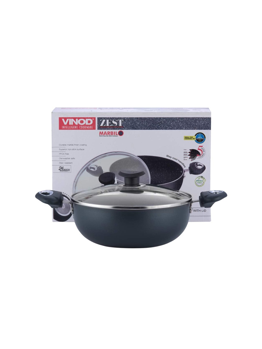 

Vinod Black Solid Dishwasher Safe Non-Stick Deep Kadai With Glass Lid 3.1 Ltr