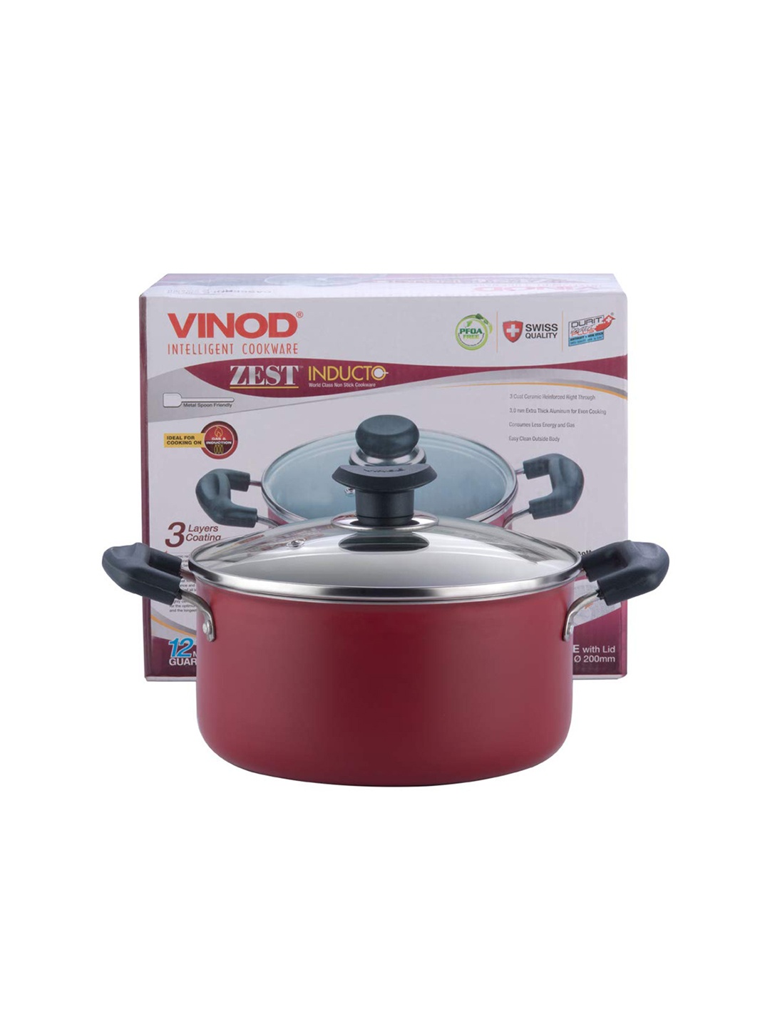 

Vinod Red Solid Dishwasher Safe Cookware Zest Non-Stick Induction Base 3.1 Ltr