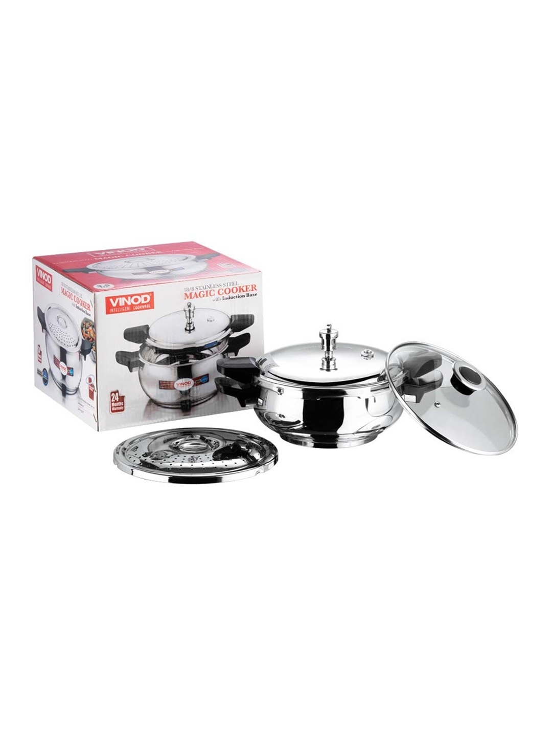 

Vinod Dishwasher Safe Stainless Steel Sandwich Bottom Magic Pressure Cooker 3.5 Ltr, Silver