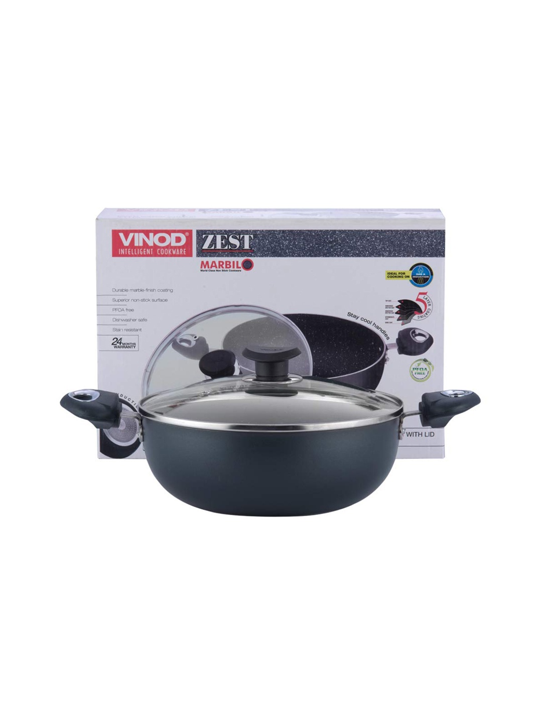 

Vinod Black Solid Dishwasher Safe Non-Stick Deep Kadai With Glass Lid 4.1 Ltr