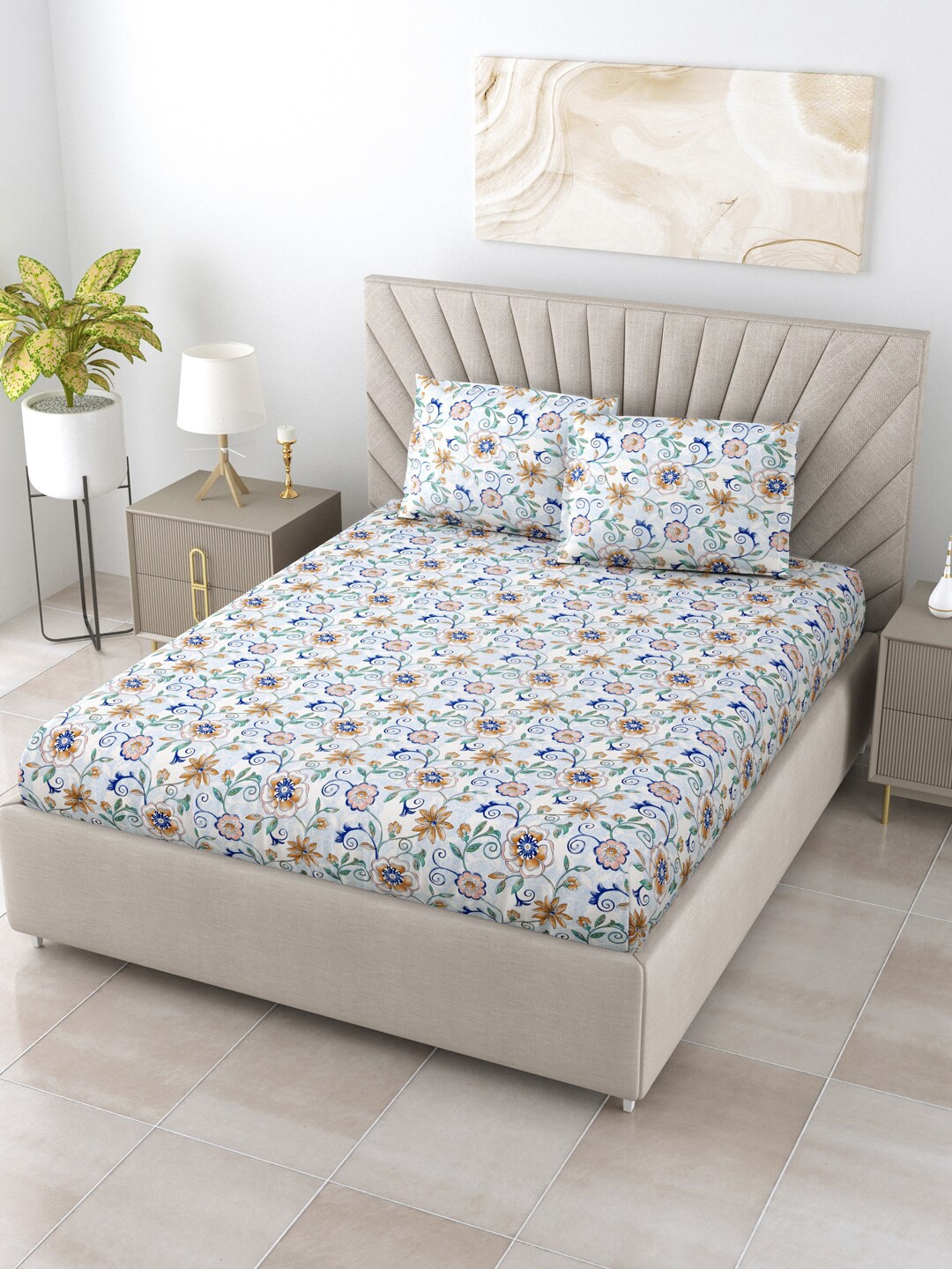 

BOMBAY DYEING Blue & Mustard Floral 120 TC Queen Bedsheet with 2 Pillow Covers