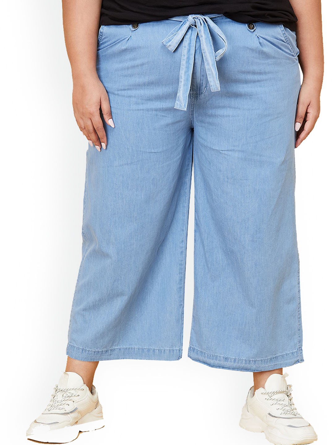

max Women Plus Size Blue Pure Cotton Drawstring Cropped Jeans