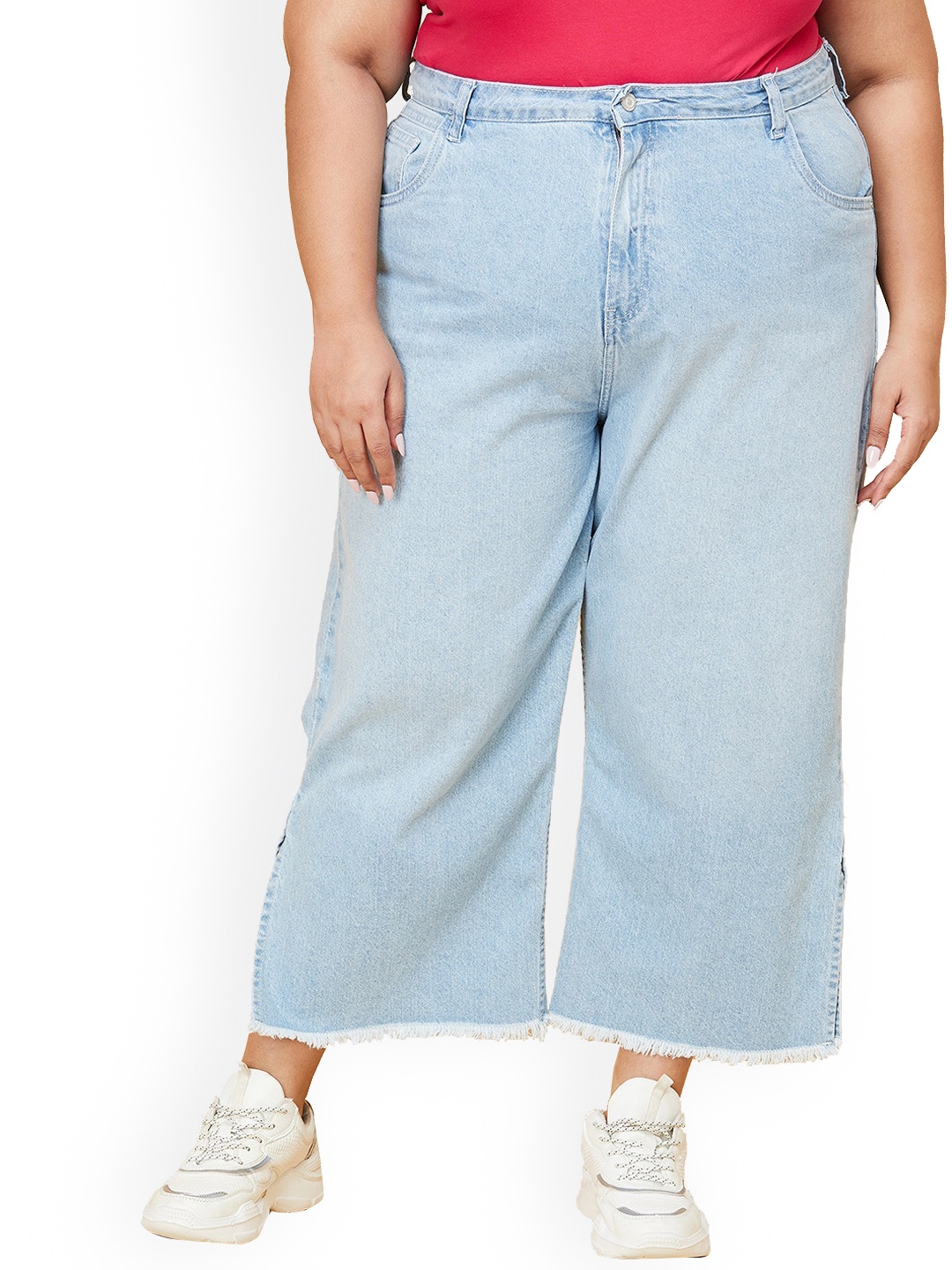 

max Women Blue Plus Size Pure Cotton Wide Leg Cropped Jeans