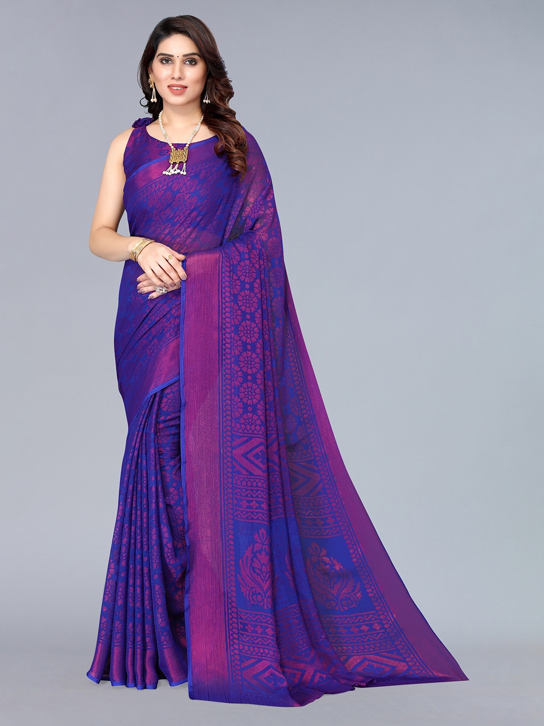 

Winza Designer Blue & Pink Floral Pure Chiffon Saree