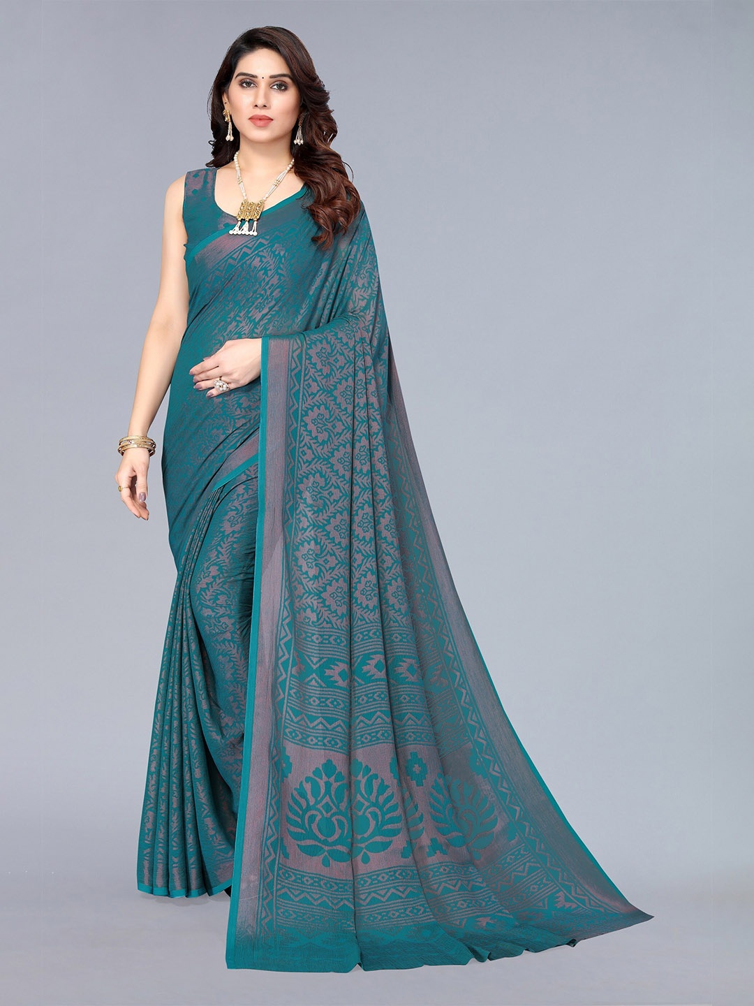 

Winza Designer Teal & Grey Floral Pure Chiffon Bandhani Saree