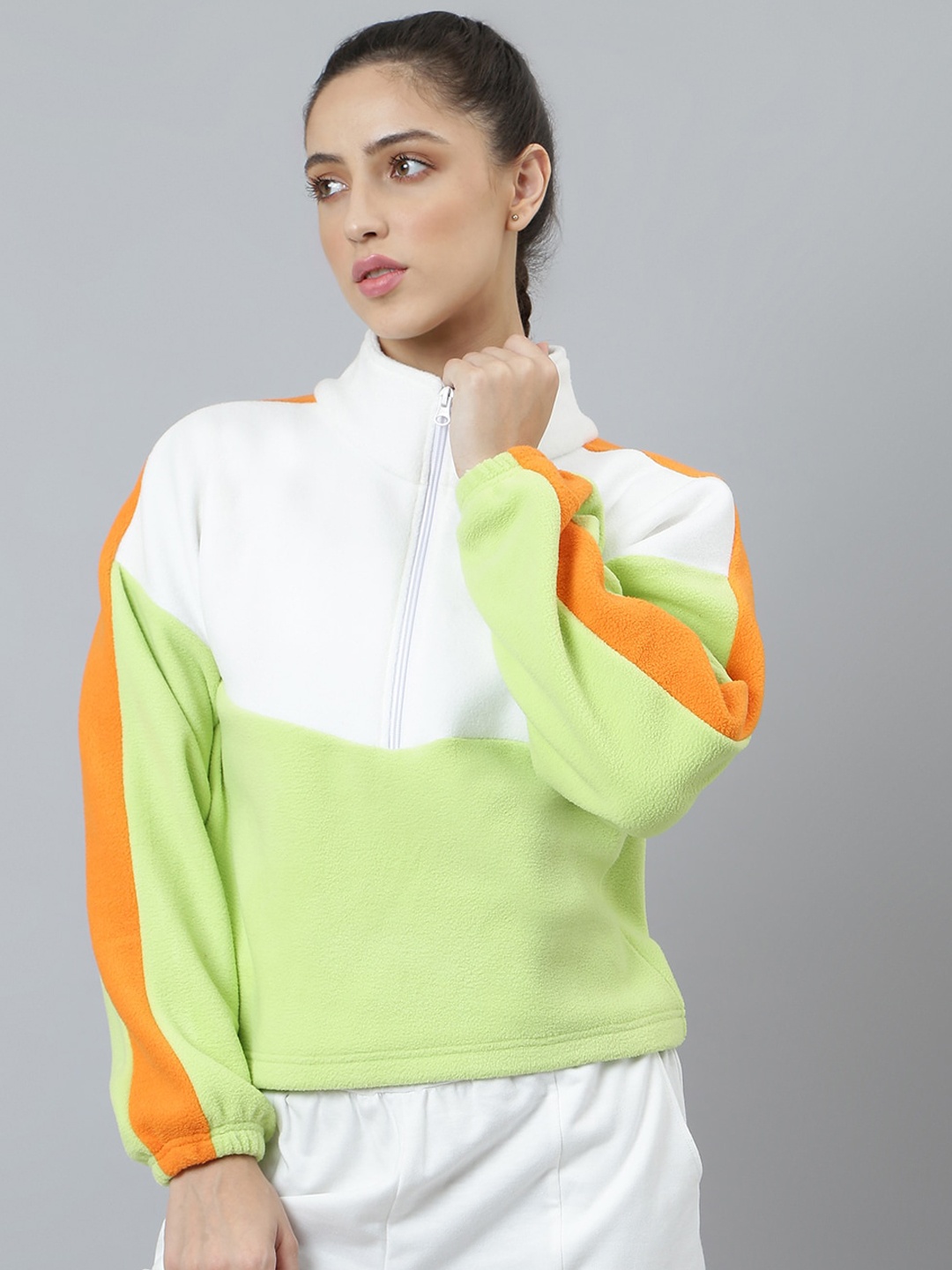 

Pritla Women Lime Green & White Colourblocked Sweartshirt
