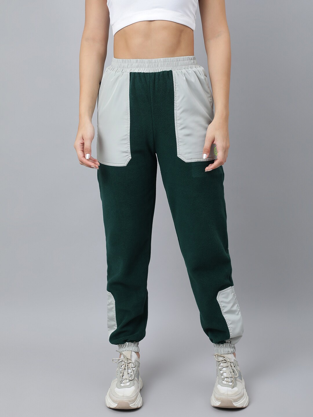 

Pritla Women Green & Grey Colorblocked Straight-Fit Joggers