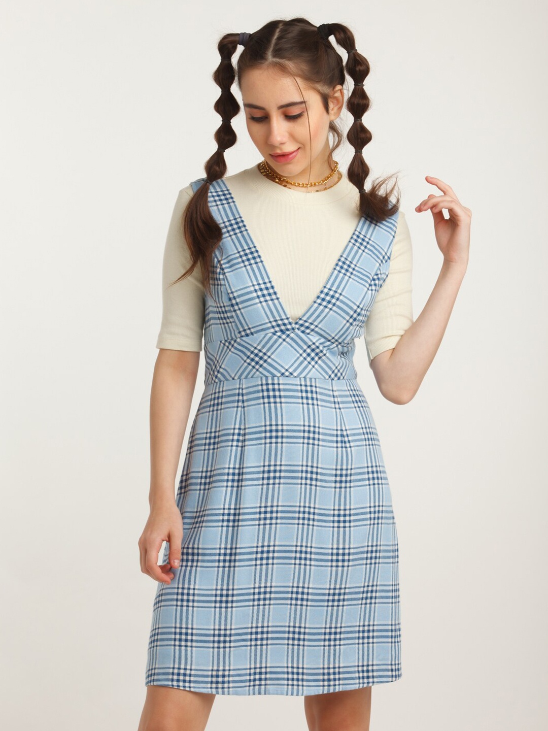 

zink Z Women Blue Checked A-Line Dress