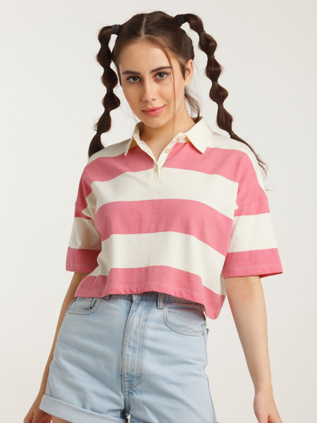

zink Z Women Pink Striped Polo Collar Drop-Shoulder Sleeves T-shirt