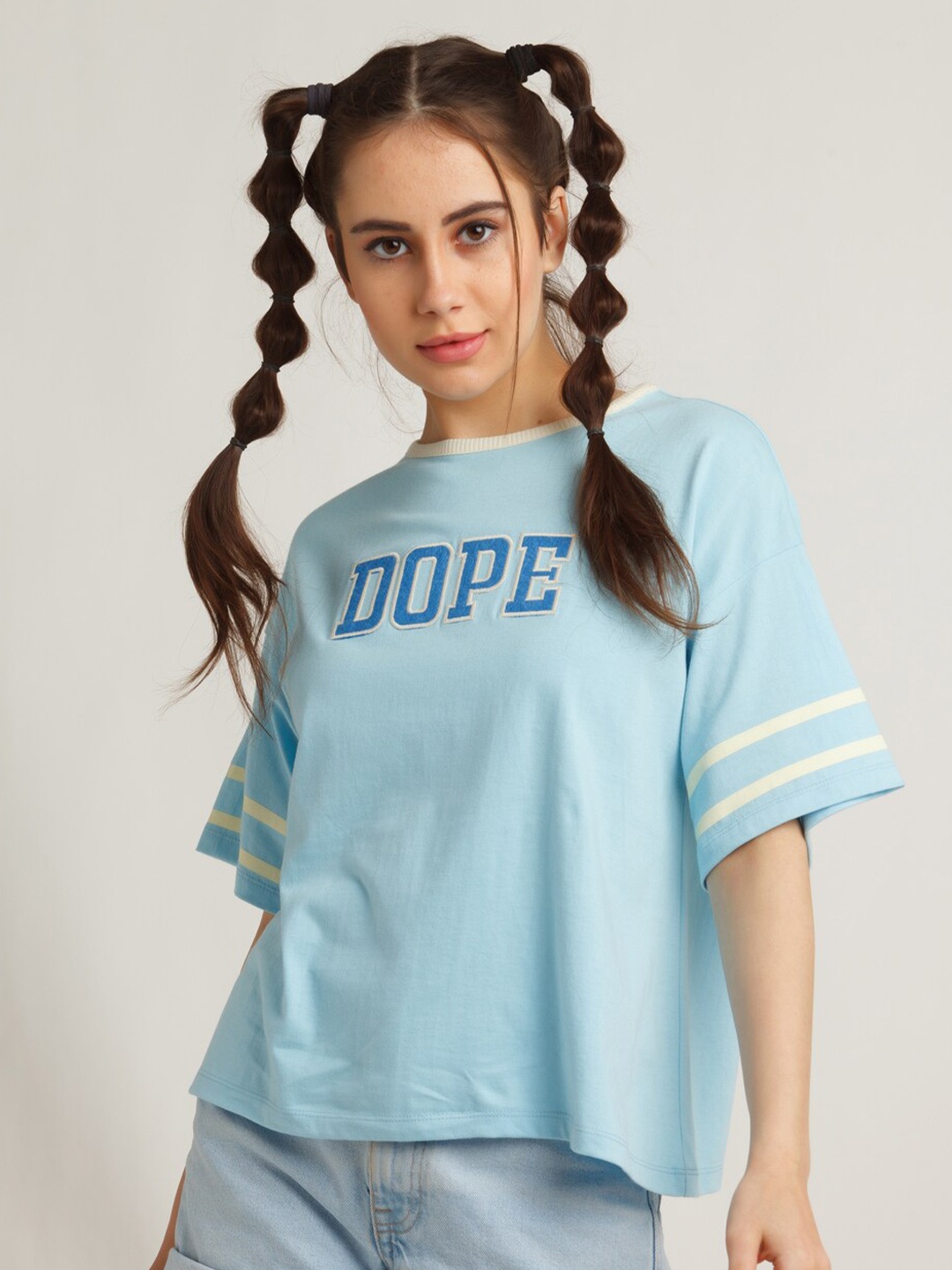 

zink Z Women Blue Typography Printed Drop-Shoulder Sleeves T-shirt
