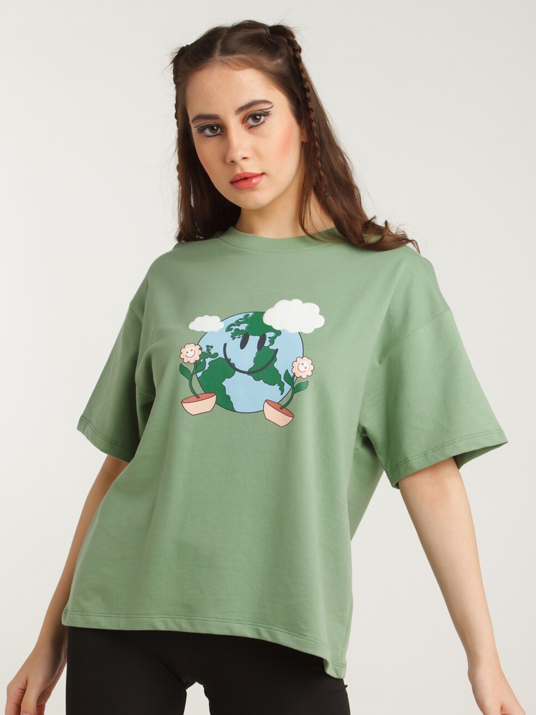 

zink Z Women Green Printed Drop-Shoulder Sleeves T-shirt